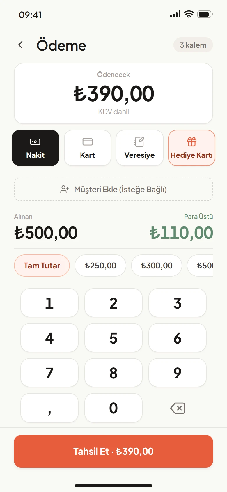 Telefon · Ödeme ekranı: Nakit · Kart · Veresiye · Hediye Kartı