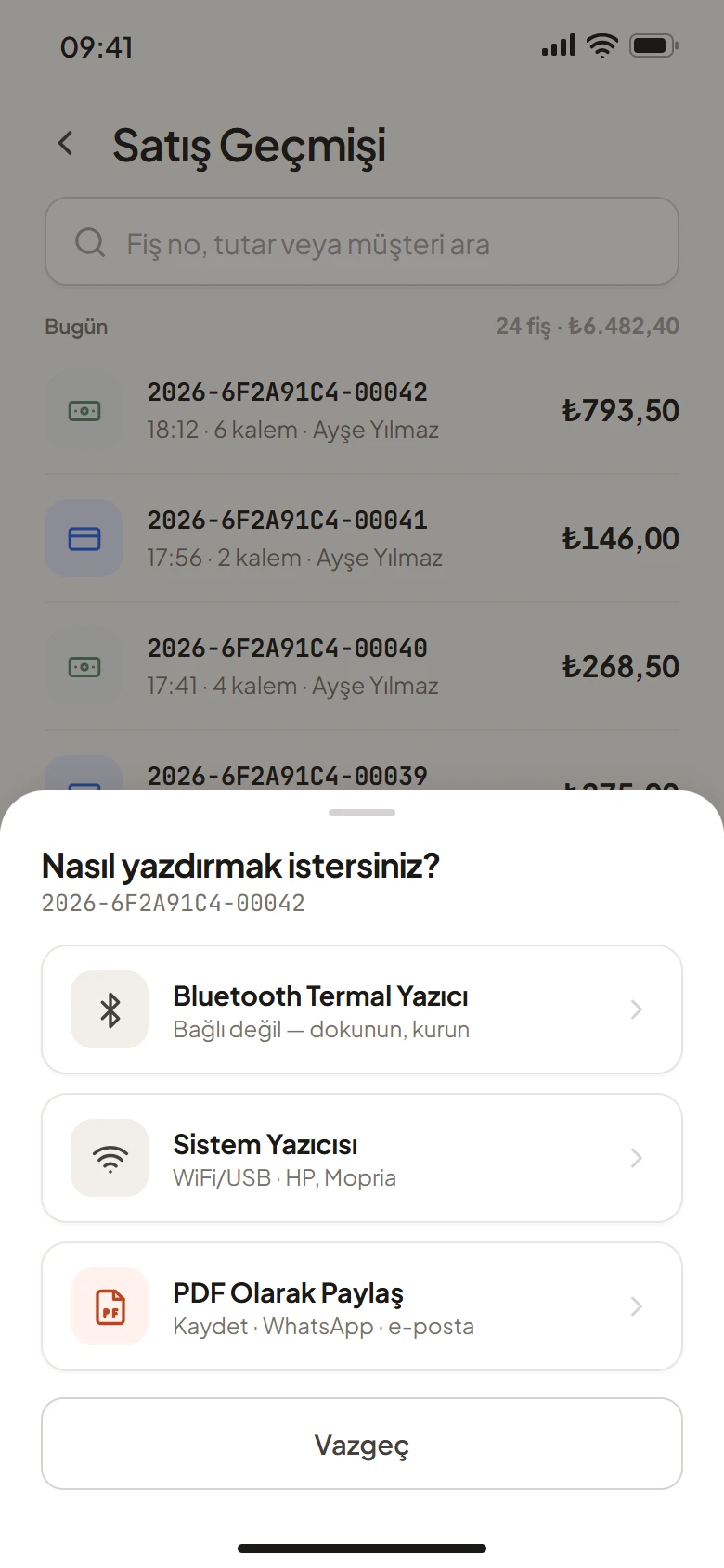 Telefon · «Nasıl yazdırmak istersiniz?»: Bluetooth Termal Yazıcı · Sistem Yazıcısı · PDF Olarak Paylaş